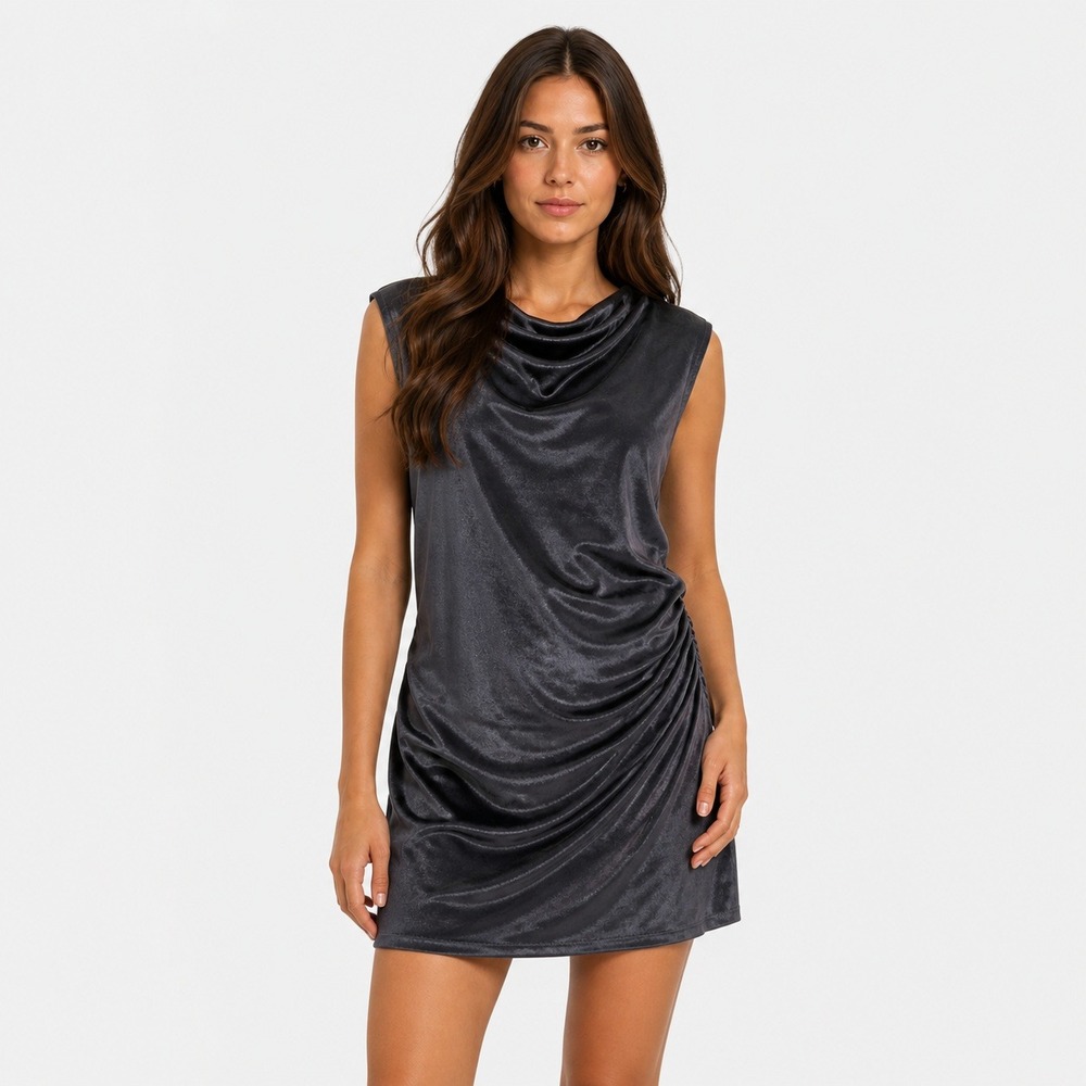 WAYF Gray Velvet Mini Dress Sleeveless Draped Ruched Bodycon Cocktail Party L
